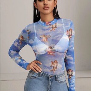 NWOT SweatyRocks Blue Angel Cherub Print Sheer Mesh Long Sleeve Top Size L/XL